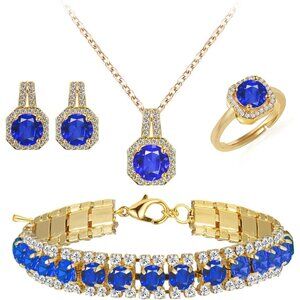 👑Women Classic Fashion Pendant Necklace Earrings Ring Gold Blue Jewelry Set